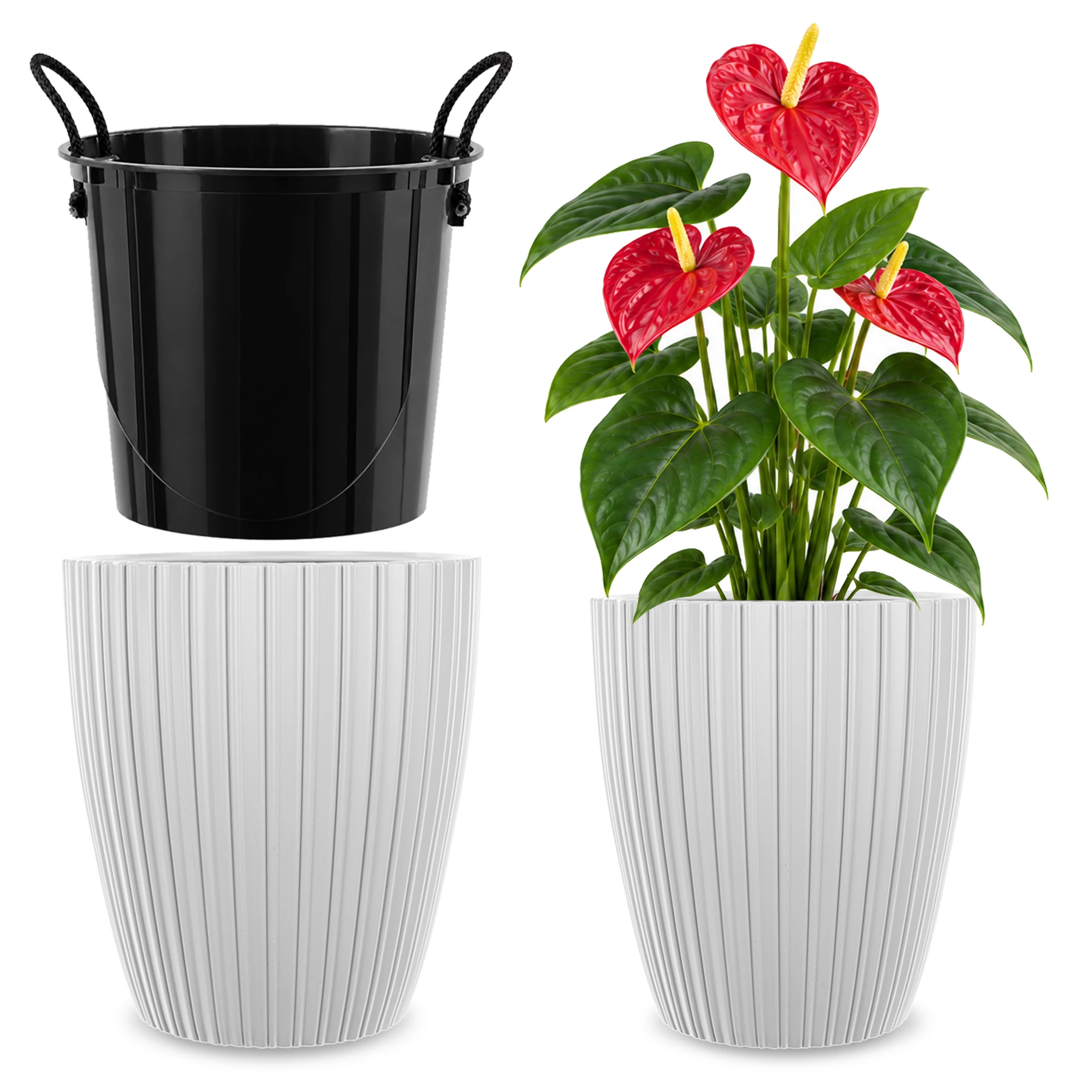 30cm Bloempot met hoes en inleg, witte plastic plantenbak