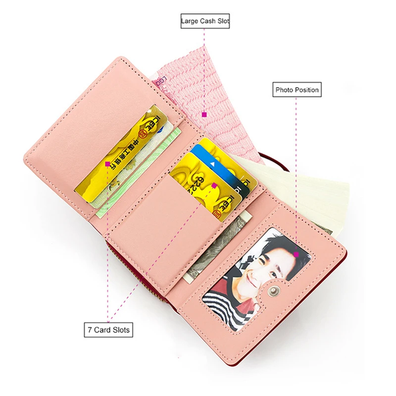 Embroidered Heart Pattern Coin Purse Women PU Short Wallet With Multi-card Position Lady Solid Color Tri-fold Zipper Money Bag