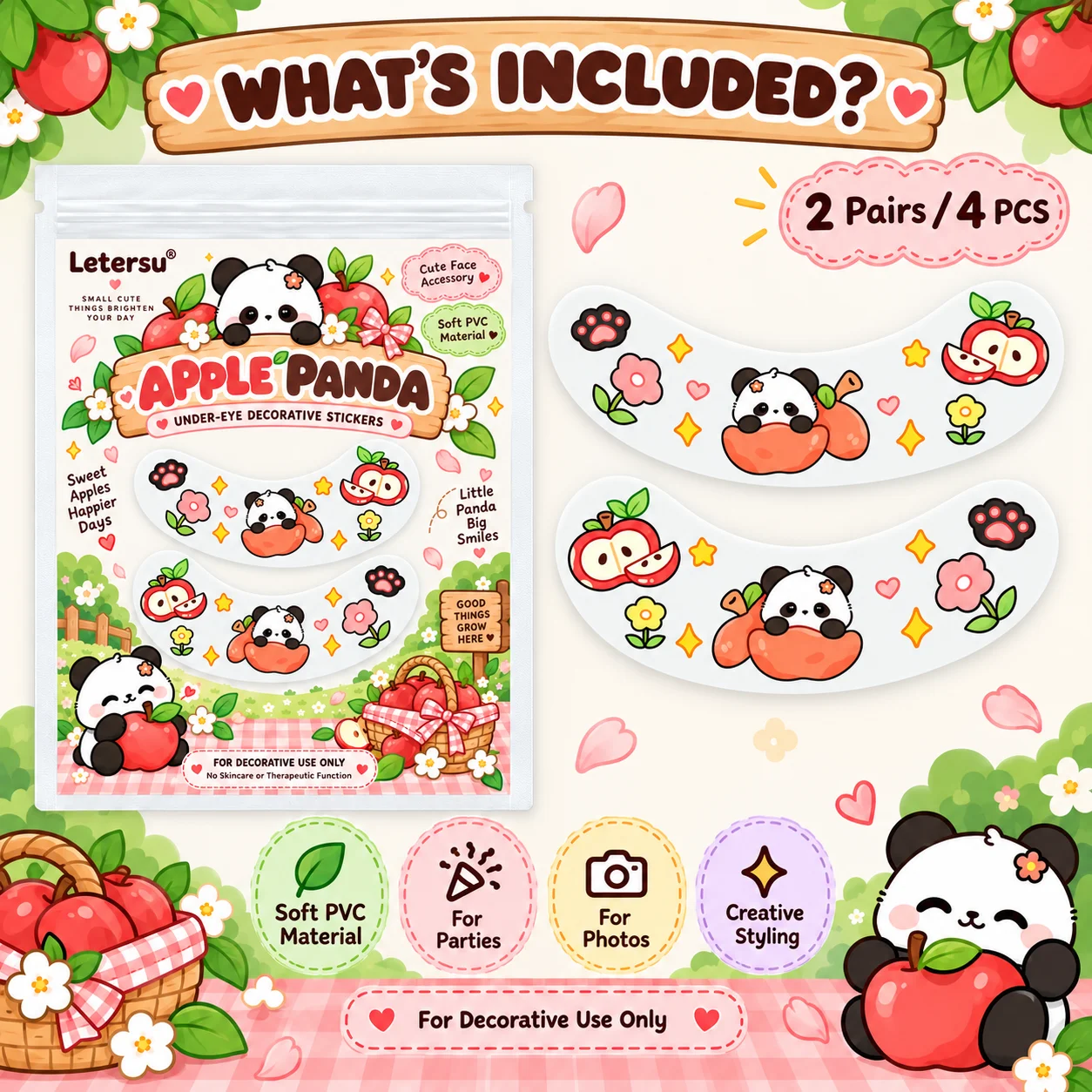 4PCS Cute Panda Under Eye Stickers, Kawaii Apple Cartoon Eye Patches, Face Makeup Accessories for Girls, Party Cosplay Photos