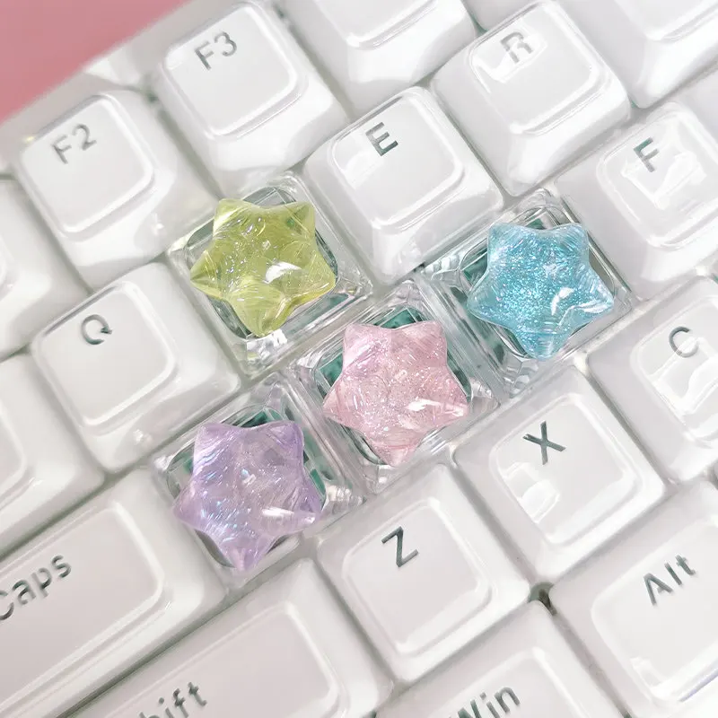 Conjunto de 4 Teclas Personalizadas Retroiluminadas com Glitter em Formato de Estrela, Transparentes e Fofas, para Teclado Mecânico, Acessórios para Jogos e Escritório
