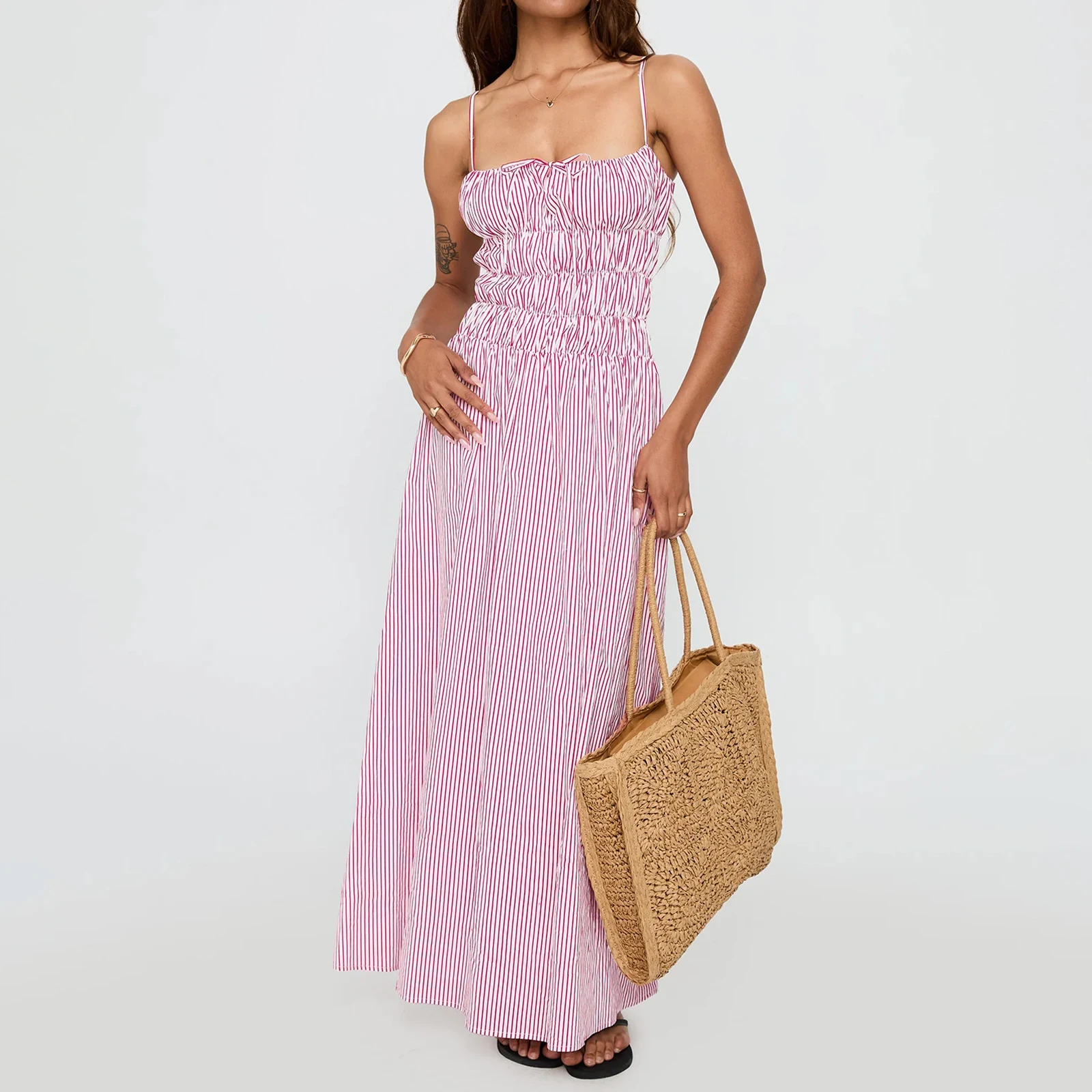 Women's Smocked Long Dress Spaghetti Strap Stripes Floral Print Dress For Beach Vacation Summer Party Daily Wear Streetwear