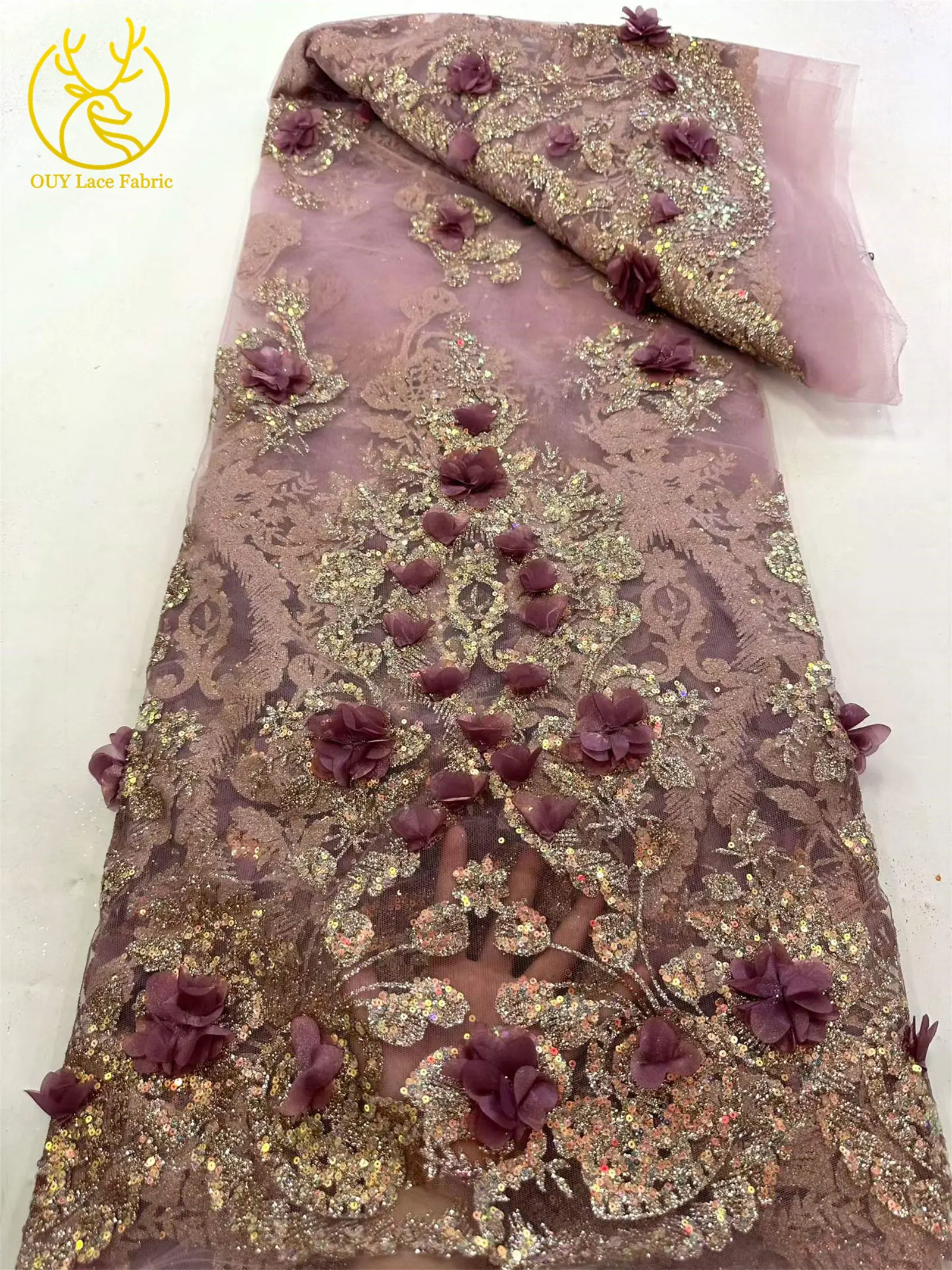 Neuer Stil Afrikanischer 3D-Applikations-Spitzenstoff 2026 Nigerianischer Glitzer-Pailletten-Spitzenstoff für Abschlussball- und Hochzeitskleider zum Nähen, 5 Yards – Detail 12