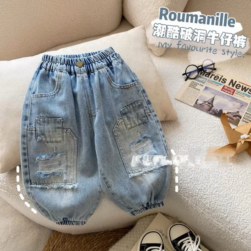 New Boys Ripped Jeans 2025 Children's Loose Lantern Pants Baby Trendy Cool Spring Pants