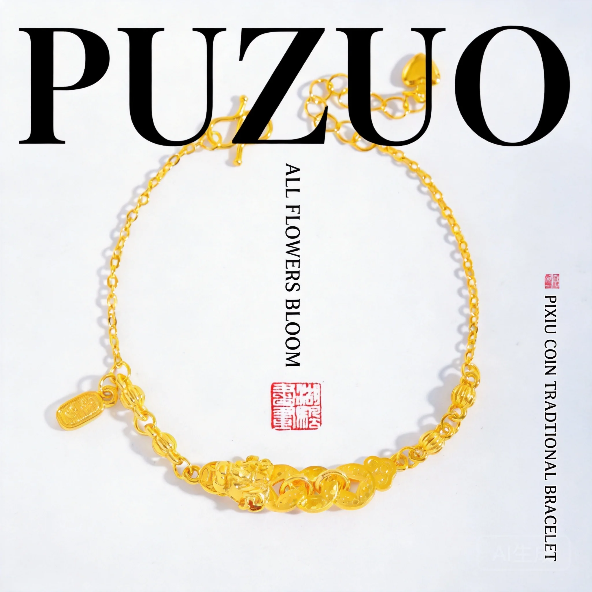 

Chinese Feng Shui Lucky Gold Plated Pixiu Bracelet Wealth Blessing Fortune Adjustable Chain Jewelry For Women Daily Wear Party