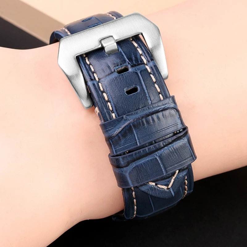 22mm 24mm 26mm Crocodile Pttern Watch Band  Calfskin Leather Men's for Panerai  PAM111 PAM441 Breitling Citizen Bue Watch Strap view 6
