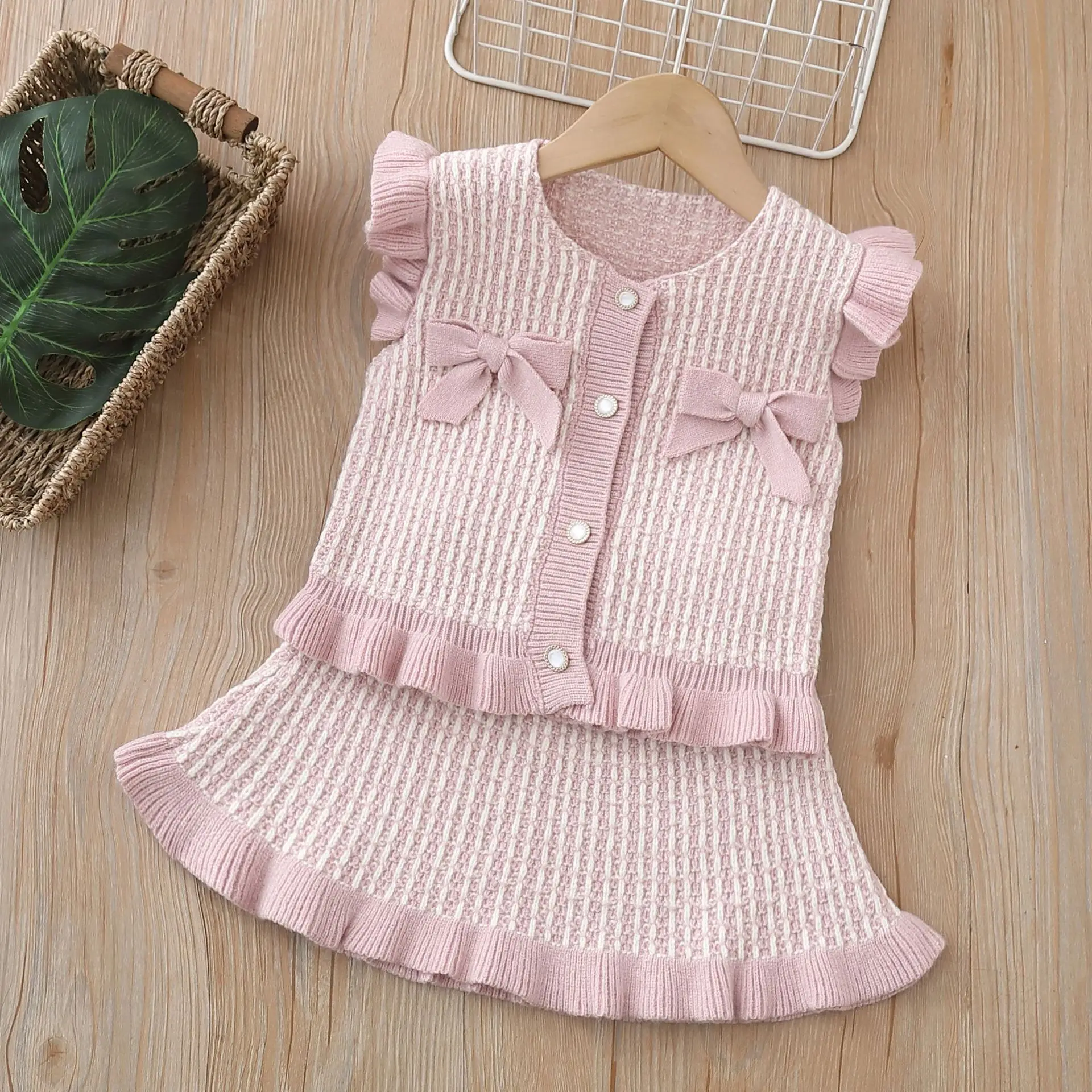 

Girls Woolen Jersey Clothes Sets Spring Autumn 2024 Children Knitted Vest Sweaters Skirts 2pcs Dress Suit For Baby Outfits Kids