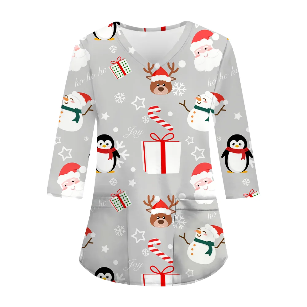 Clinical Uniform Woman Christmas Snowman Cartoon Print Casual Vet Medico Tee V-Neck Patch Pocket Tops Dental Scrub Medical Woman