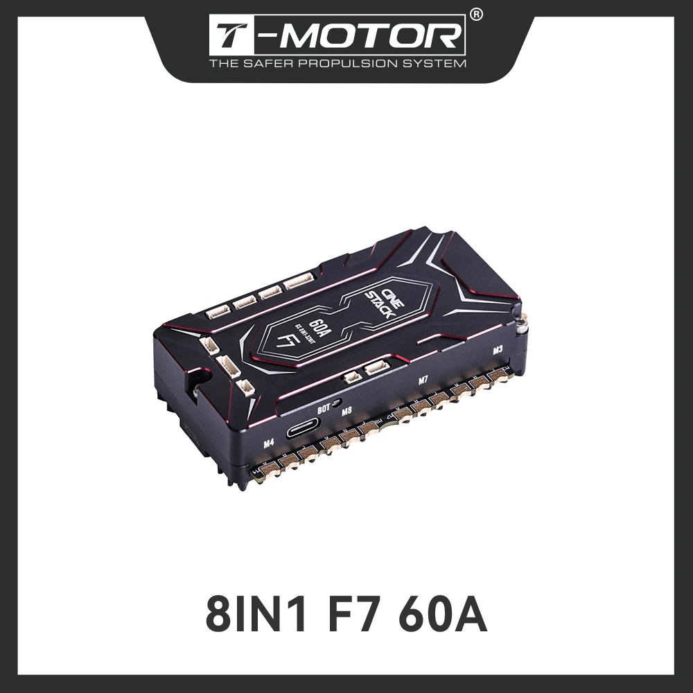 T-MOTOR INTEGRATED STACK 8IN1 CINE F7 60A STACK Full- connector design SHELL WITH HIGH-EFFICIENCY HEAT DISSIPATION