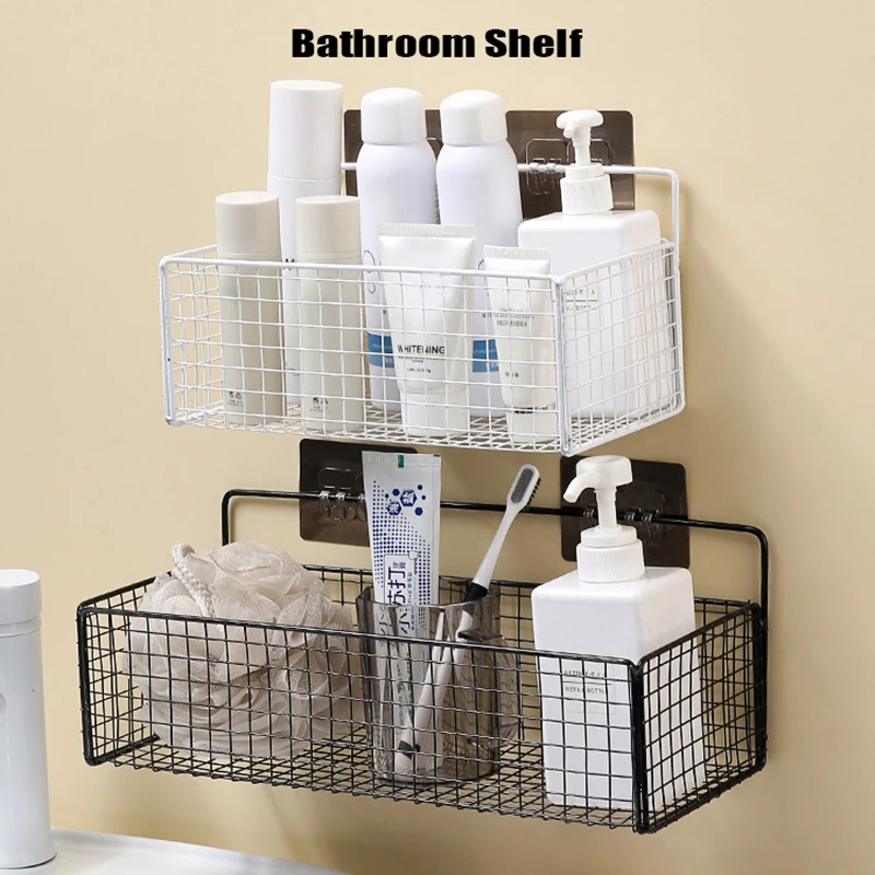 Black Wall-Mounted Bathroom Shelf Shower Shampoo Rack Kitchen Condiment Storage Basket Toilet Soap Holder Bathroom Organizer Doe