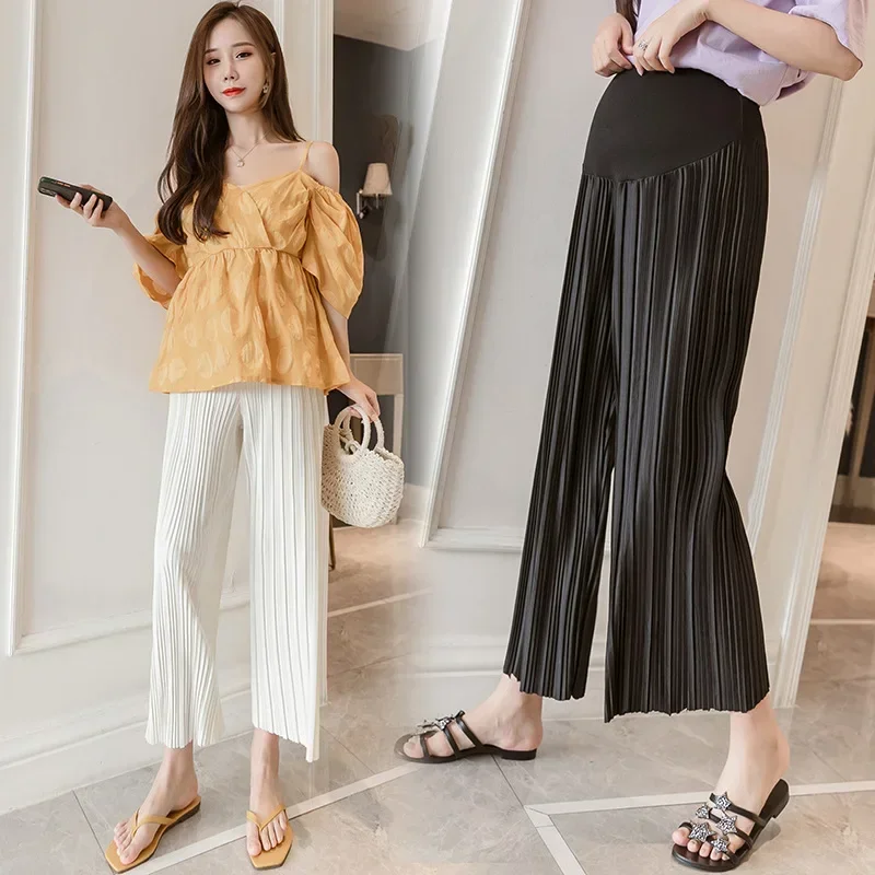 

2024 Maternity Folds Stright Pants Spring Autumn Clothes For Pregnant Women Out Wear Fashion Solid Casual Pregnancy Trousers