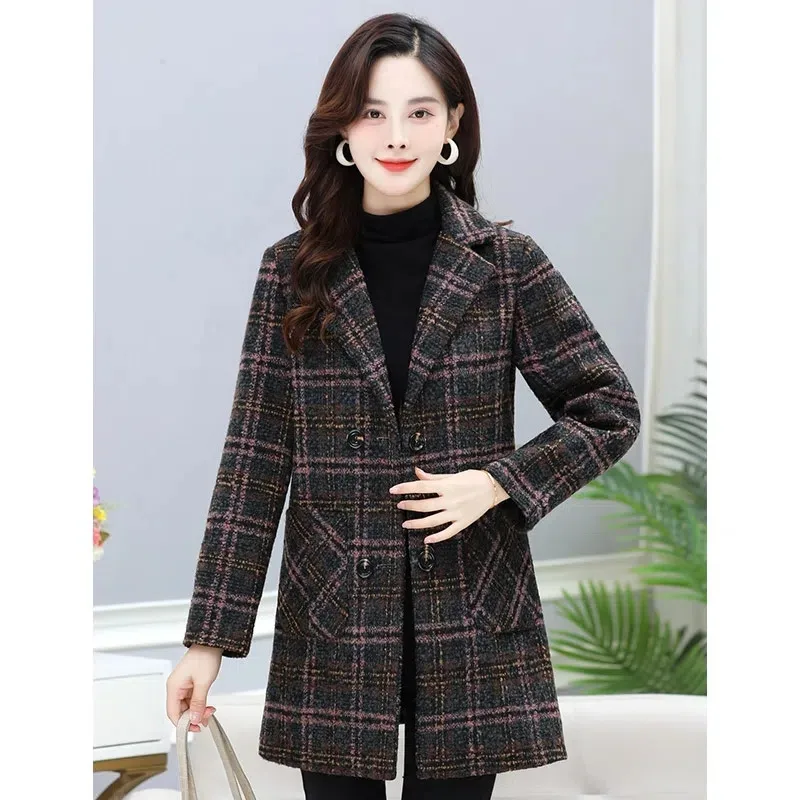 Women\'s Wool Coat Fashion Autumn Winter Plaid Jacket Korean Style Slim Double Breasted Woolen Blended Outerwear Tops Female