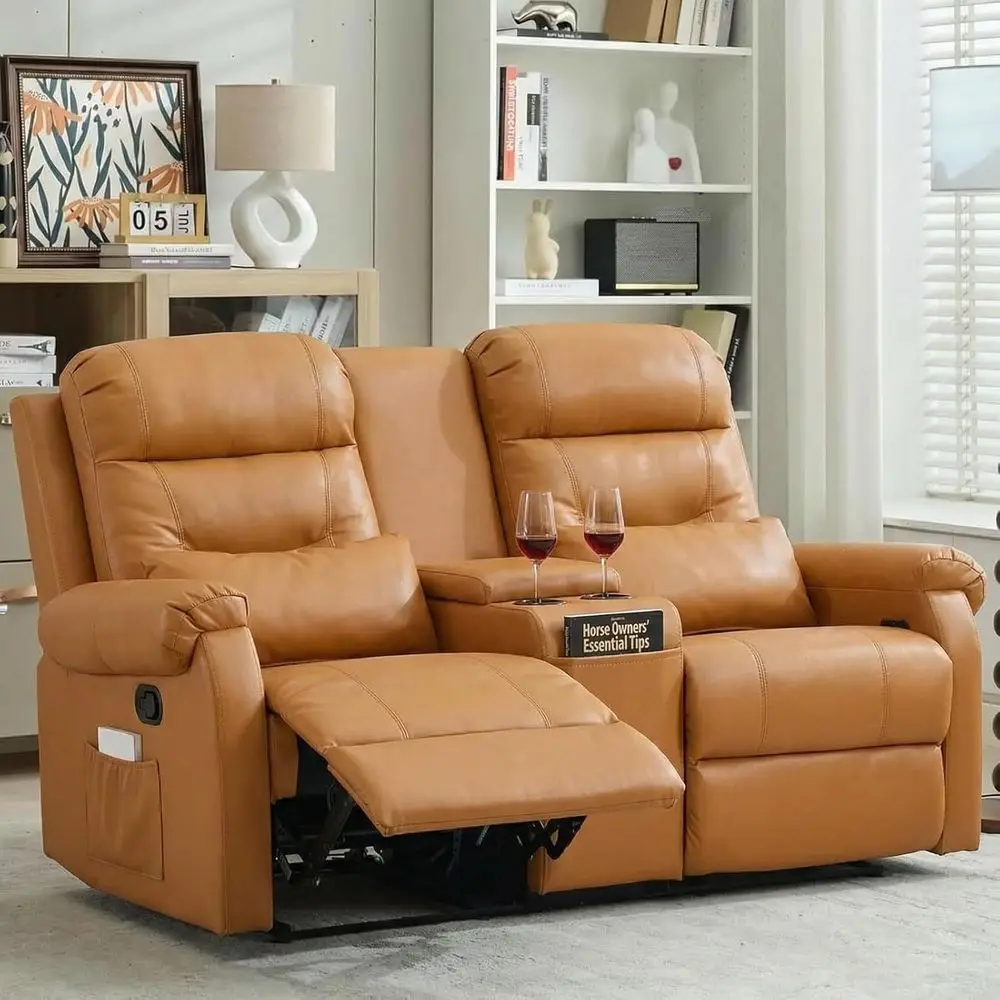 

Orange Faux Leather Double Reclining Loveseat with Storage and Cup Holders for Home Theater