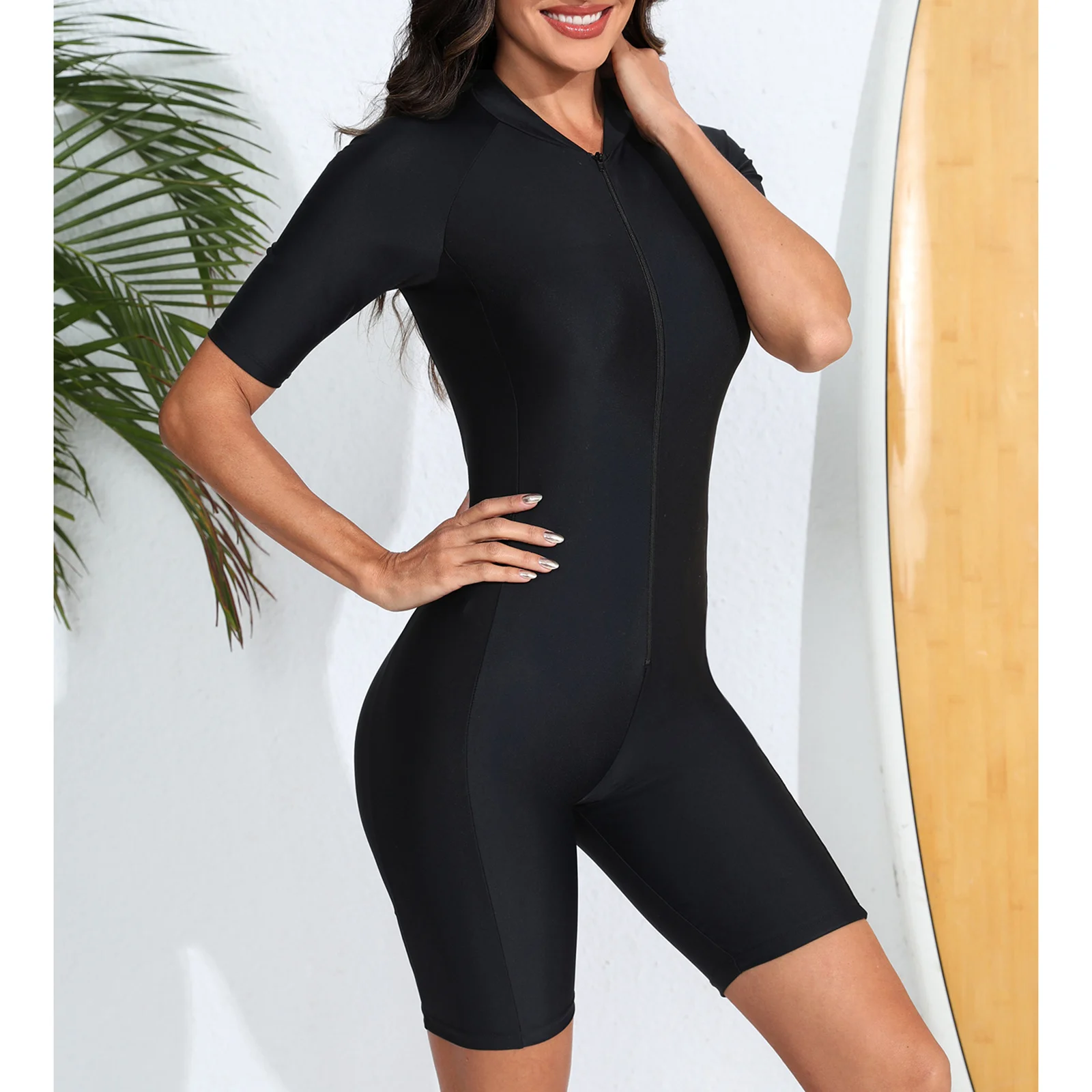 Athletic One Piece Swimsuits for Women Boy Leg Swimwear Front Zip Surfing Wetsuit Jumpsuit Beachwear Rushguard Bathing Suit