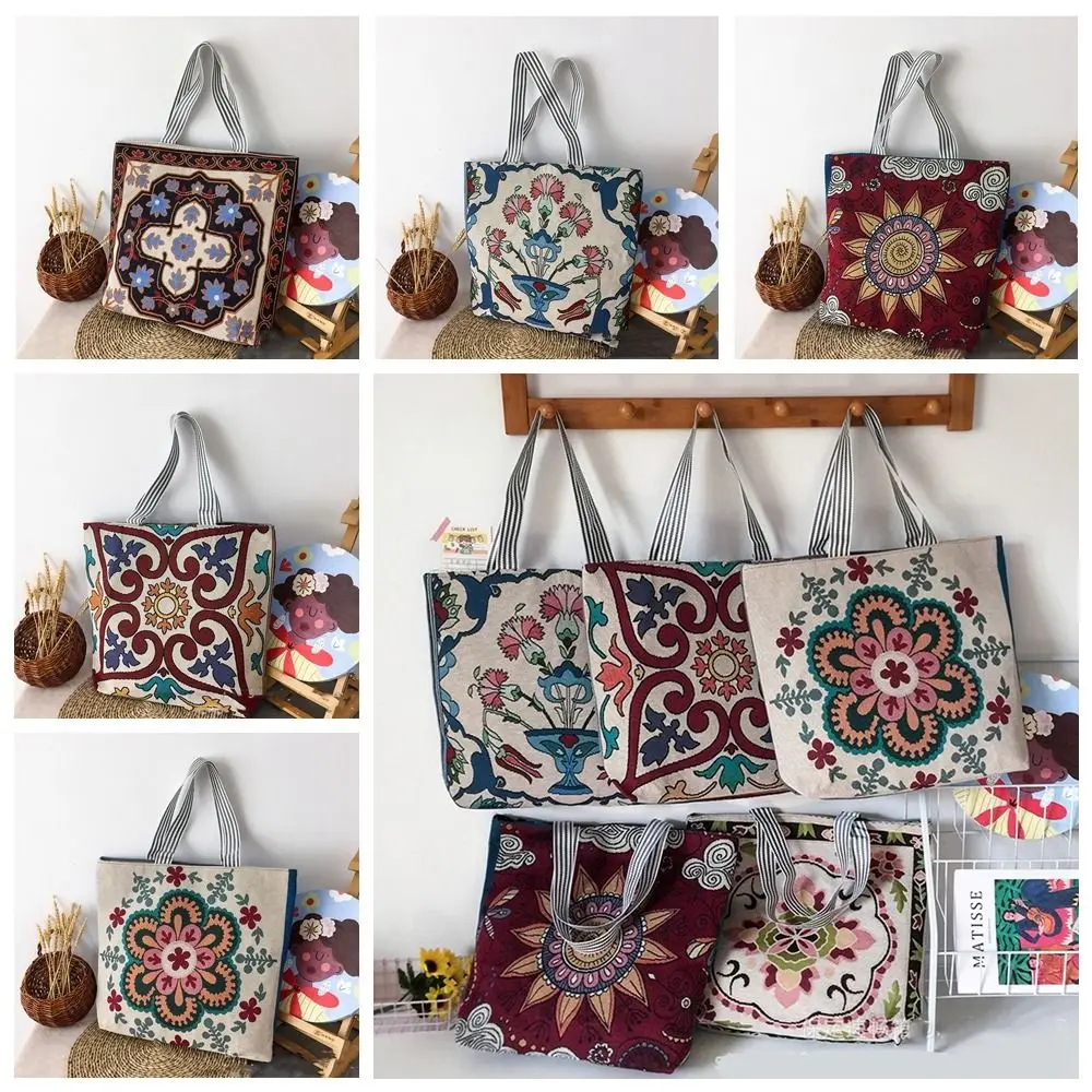 Bolso informal de flores de estilo étnico, bolsa de tela bordada de lona de gran capacidad, bolso de hombro de animales de mariposa, bolsa de almacenamiento