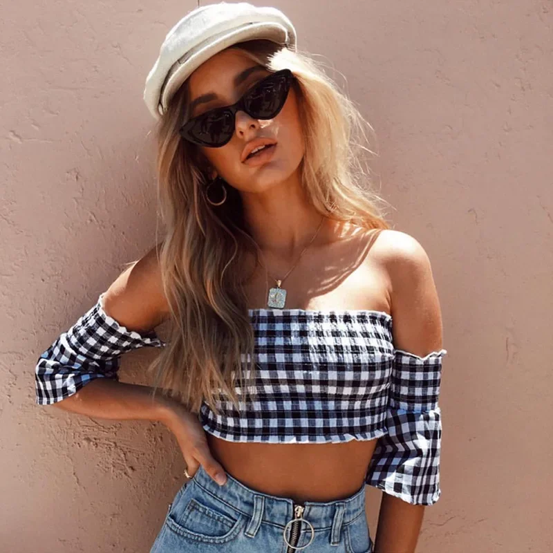 Sexy Off Shoulder Plaid Print Tank Top with Short Sleeve Bare Midriff Halter Crop Tops Women Cropped Vest Camisole Tube Female