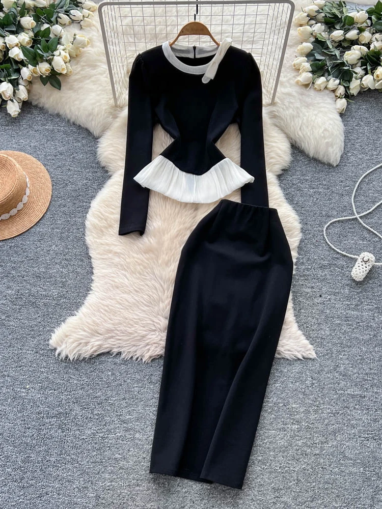 

Цветная блузка с высокой талией Long Sve irt и юбка, комплект из двух предметов, женский повседневный костюм Faion Ele Sle Busin