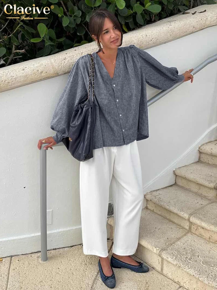 Clacive Fashion Loose Blue Linen Women's Shirt 2025 Casual V-Neck Puff Sleeve Shirts Elegant Classic Solid Tops Female Clothing