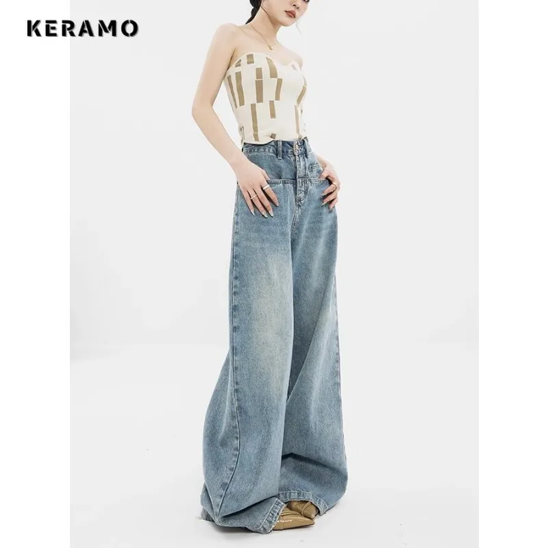 Imagem -04 - Jeans Retrô Americano de Cintura Alta Extragrande para Mulheres Calça Azul Folgada Casual Y2k Perna Larga Grunge Estilo Harajuku Calça Jeans