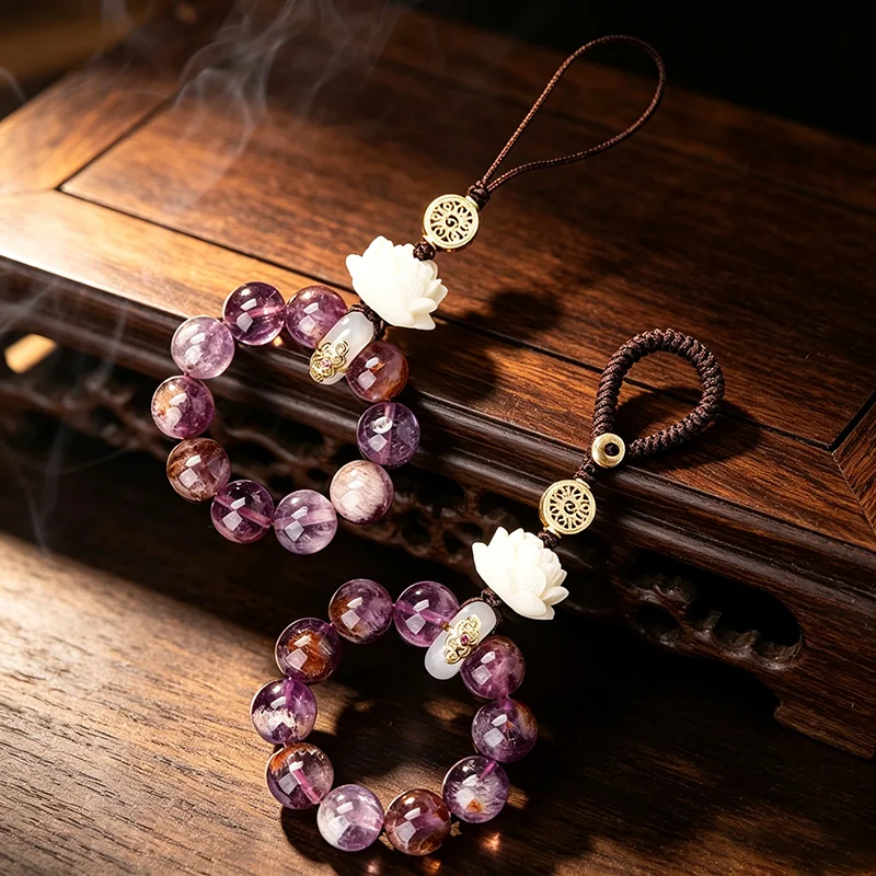 

Purple Bead Lanyard Amethyst Crystal Phone Charm Natural Stone Bag Charm Carved Lotus Flower Keyring Zen Aesthetic Purse Decor