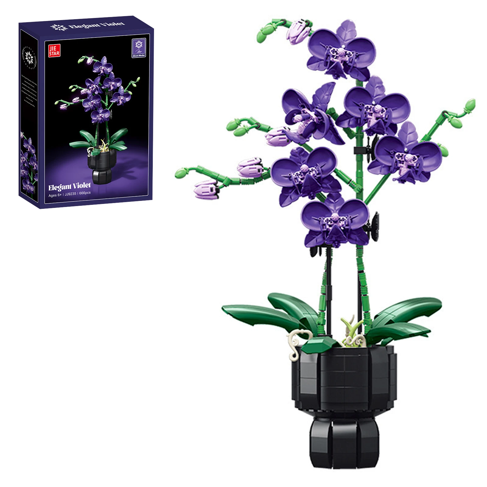 ตัวต่อจิ๋ว JJ9235 666 ชิ้น ชุดต้นกล้วยไม้สีม่วง บอนไซ DIY ของตกแต่งดอกไม้สร้างสรรค์