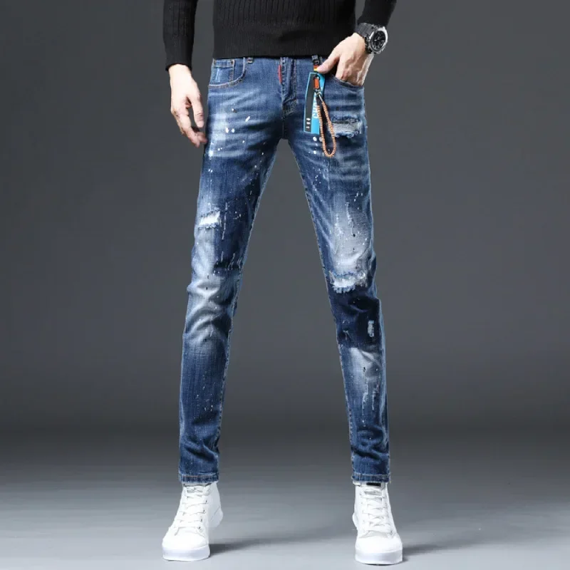 

Men's Slim Fit Ripped Jeans Straight Trousers Trendy Claw Marks Washed Distressed Denim Pants Youth Casual Cotton Stretch Jeans