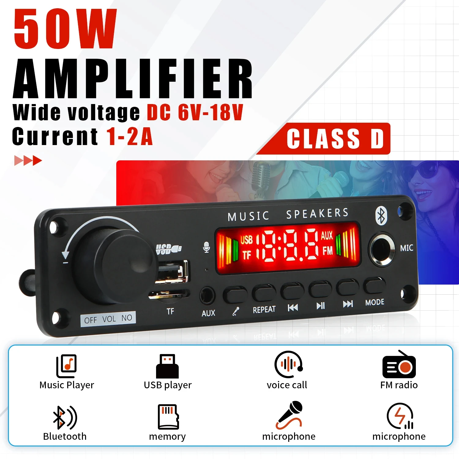 KEBIDUMEI 50W DIY Amplifier Bluetooth Decoder Board 6-18V 6.5mm Microphone FM Radio TF USB Audio Music Player for Speakers Car
