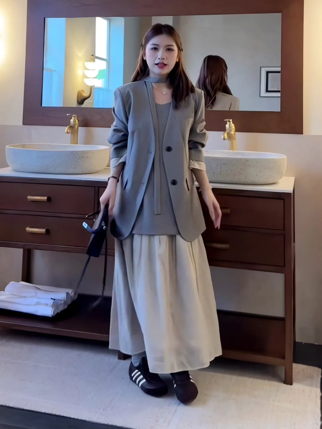 plus Size Women's Korean Style Simple Suit Jacket And Dress Two-Piece Set Autumn New Arrival Color Block High Waist Long Sleeve