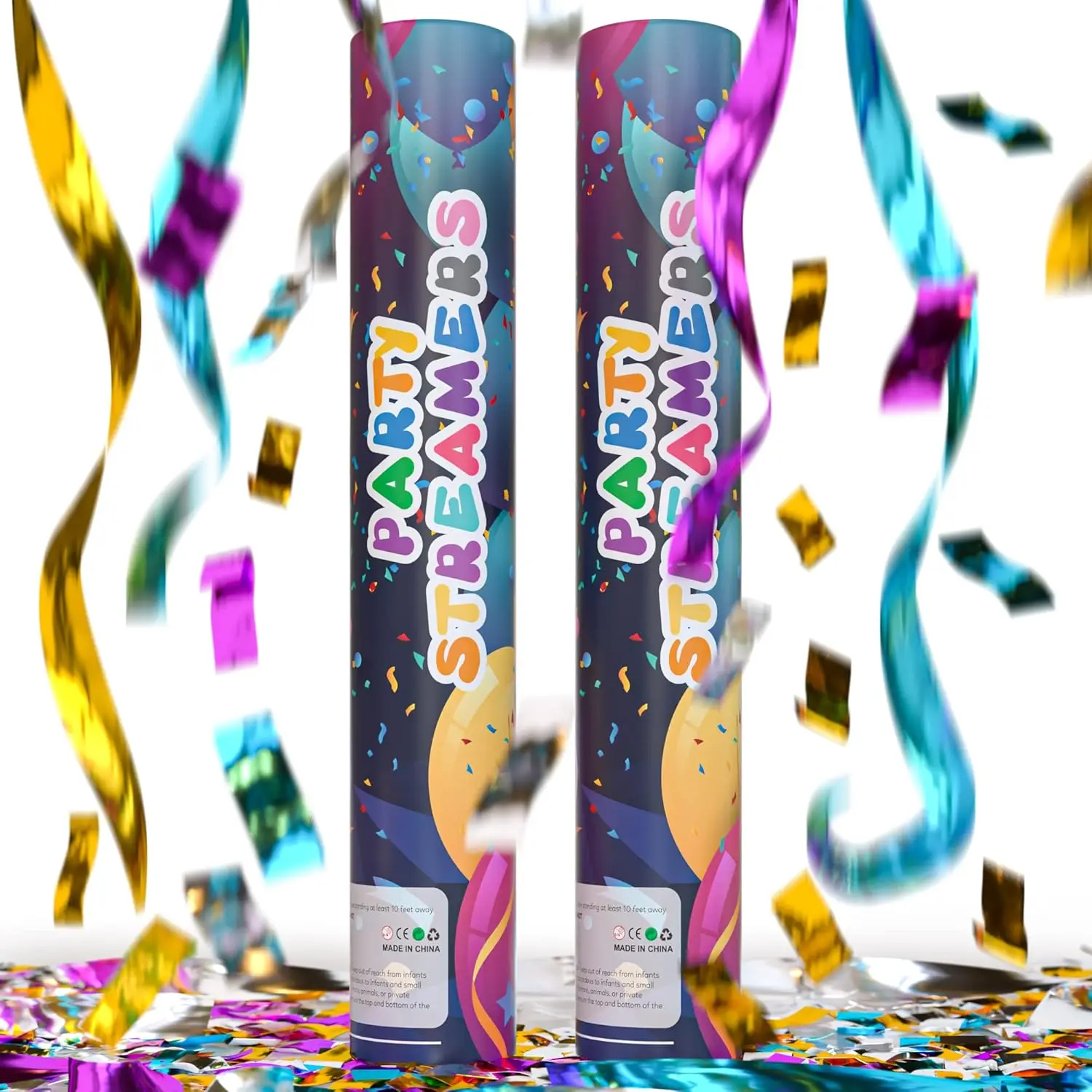 Confetti Cannon Streamer Party Poppers 2 Pack, Multicolor, 12 inch, Launches 25 ft