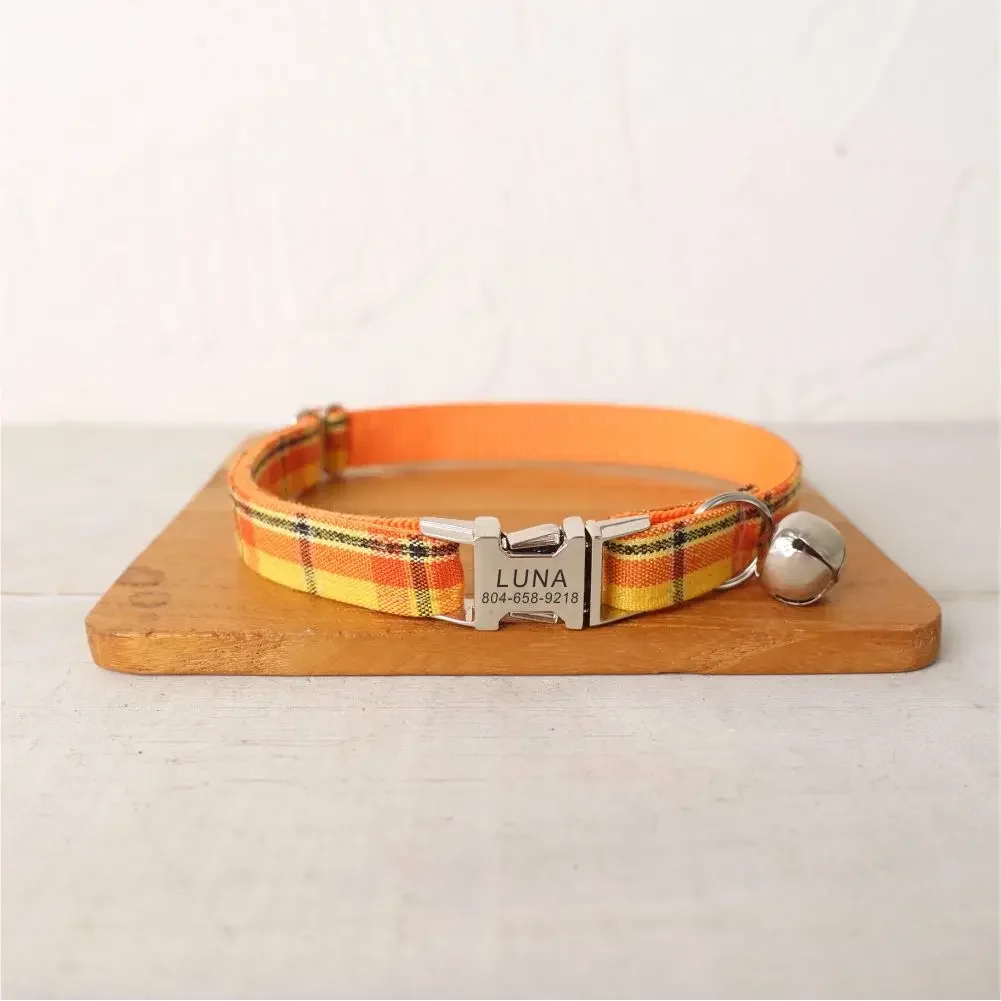 Personalized Cat Collar with Free Engraving, Matching Pet Leash,Customzied Contacts Metal Buckle, Cheese Plaid Pet Collar