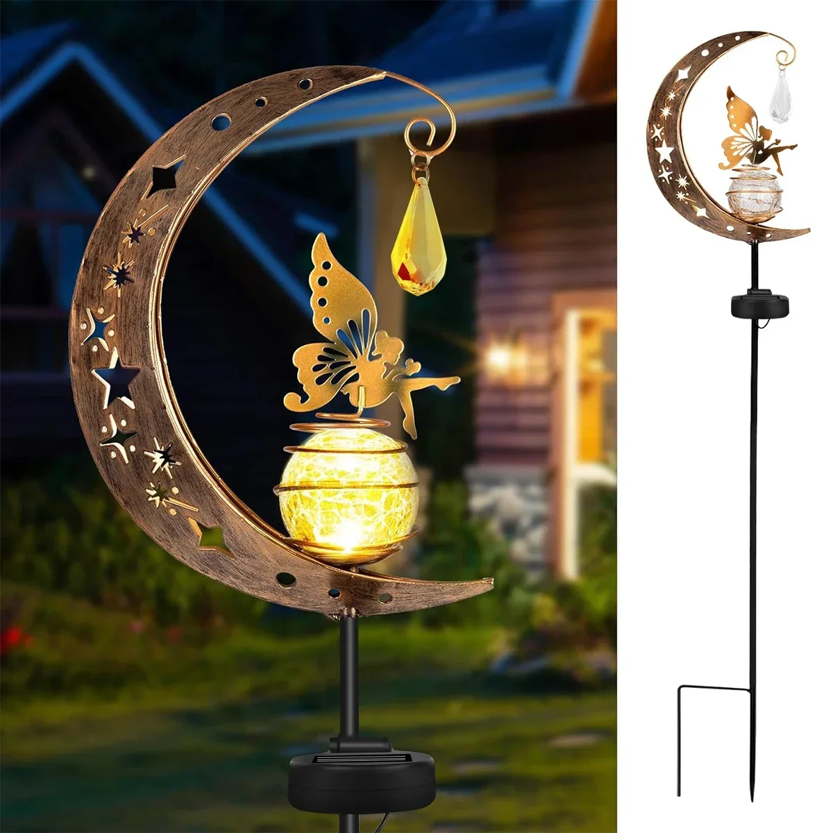 Solar Stake Lights Moon Fairy Garden Outdoor Crackle Glass Globe Metal Angle Stake Light Pathway Lawn Patio Decoration