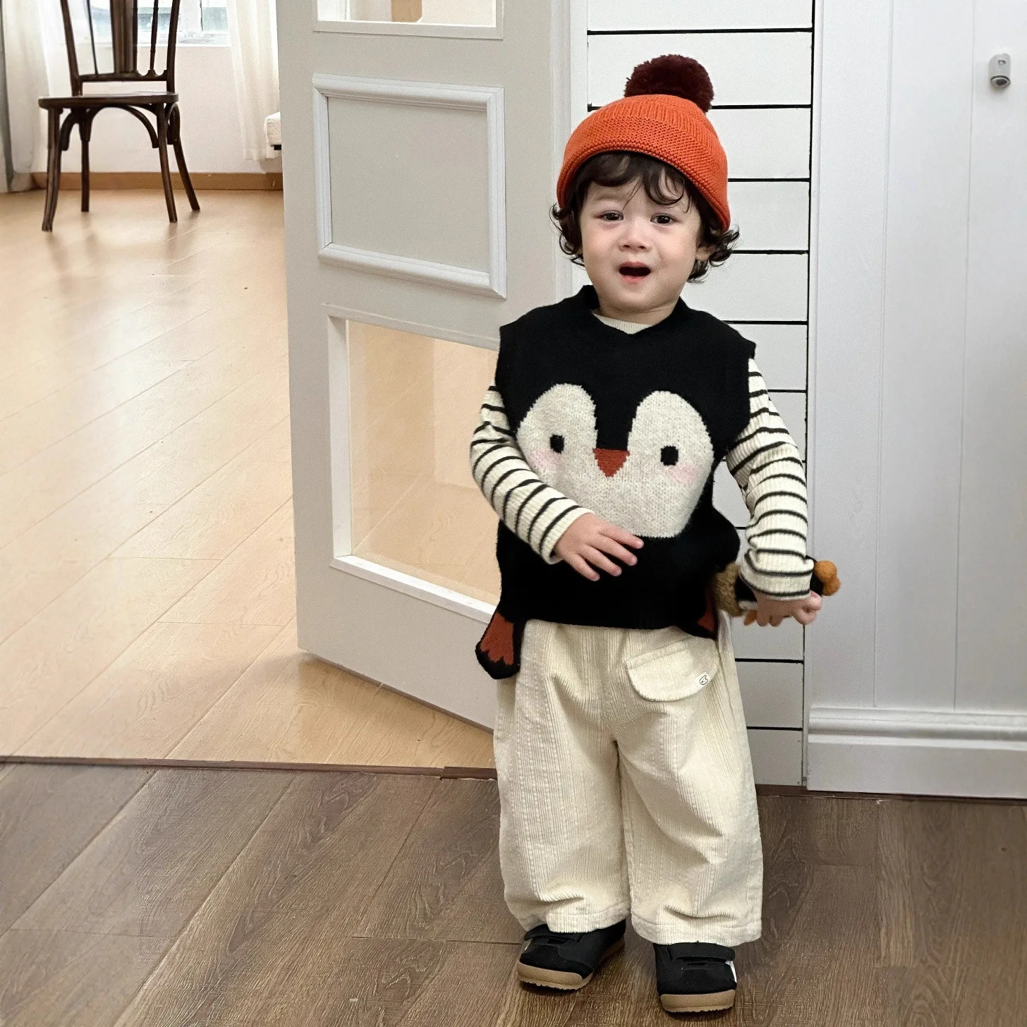 

Baby Penguin Knitted Vest Autumn 2025 New Children's Clothes Autumn Children's Clothing Boys Striped Suit