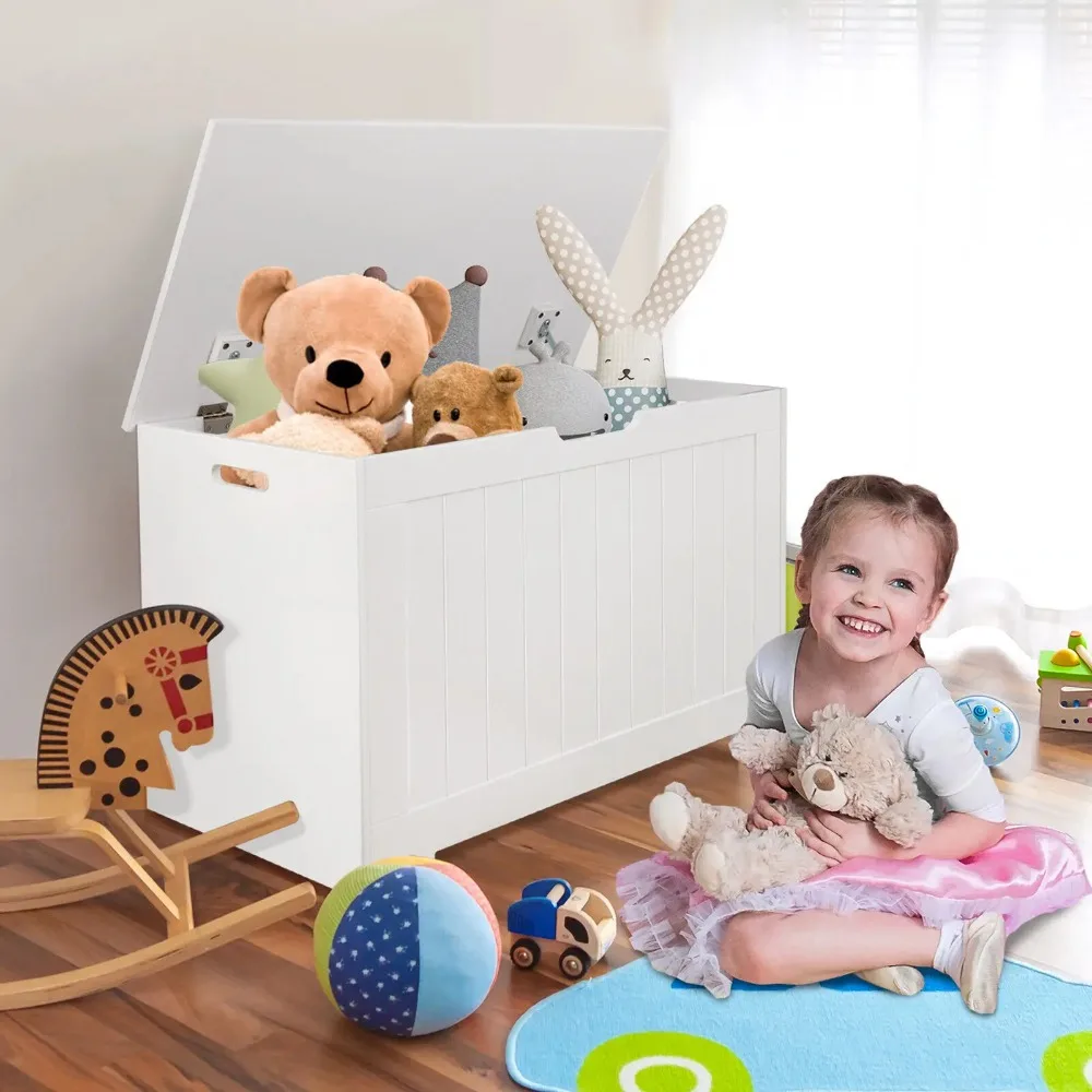 30 Inch Storage Chest Bench Toy Box Wooden Organizer with 2 Safety Hinges White