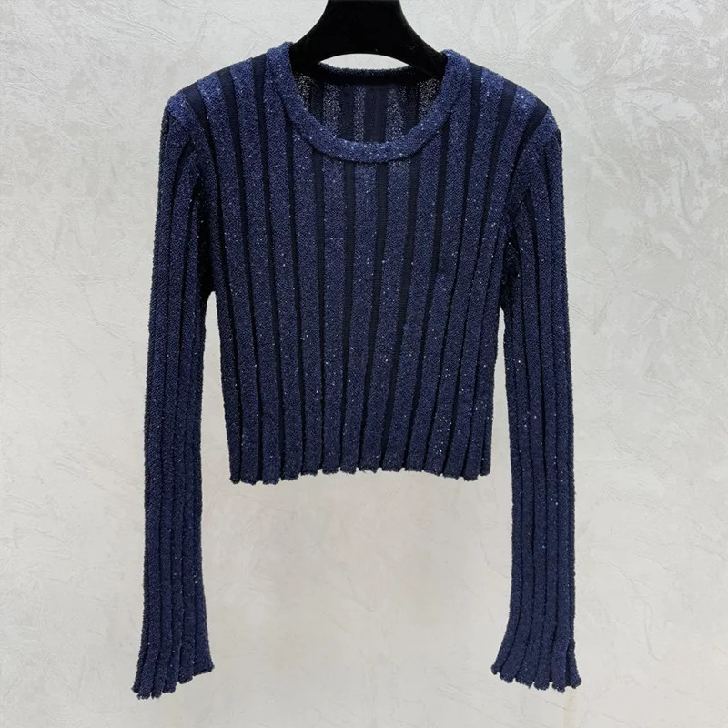 

High quality Flat bright bead embellishment with three-dimensional vertical pattern women's short pullover sweater 25122204