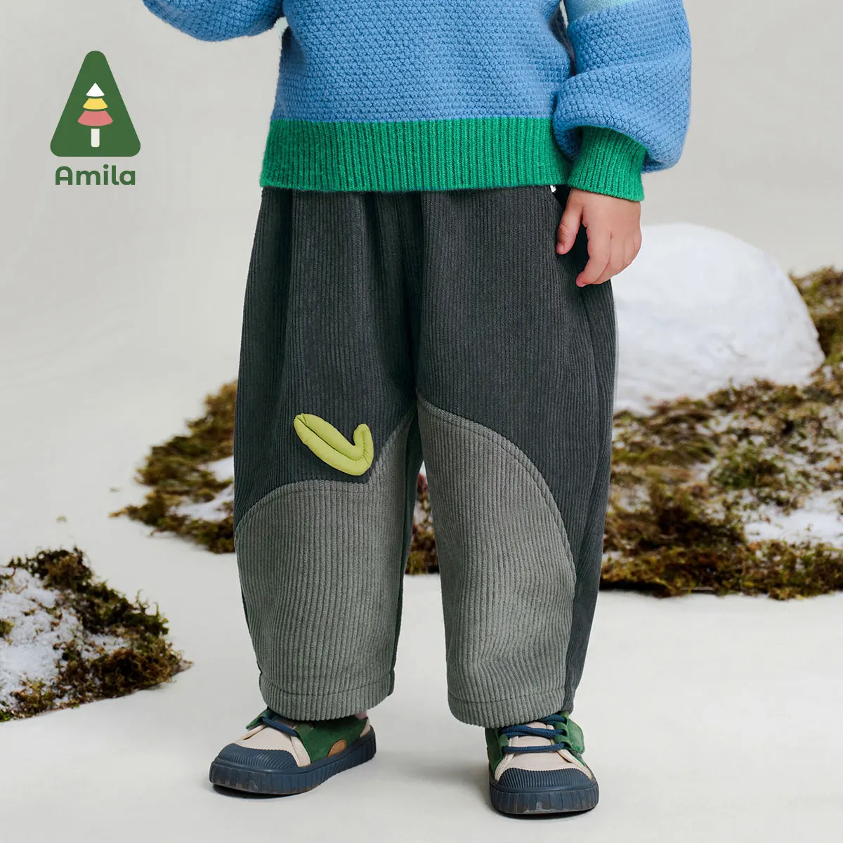 Amila Baby Trousers 2024 Winter New Style Boys And Girls Contrasting Color Plus Velvet Warm And Soft Children\'s Casual Pants