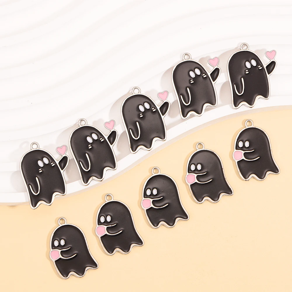10 Stück süße schwarze und weiße Geister-Anhänger Halloween-Party-Dekorationen für Halskette Ohrringe DIY Schmuckherstellung Legierung Charms – Detail 15