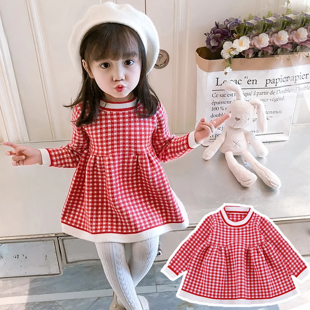 

1-8y Baby Girl Dress Spring Autumn Long Sleeve Red Plaid Clothes Sweet One-piece Toddler Clothing Daily Girls Clothes Knitting