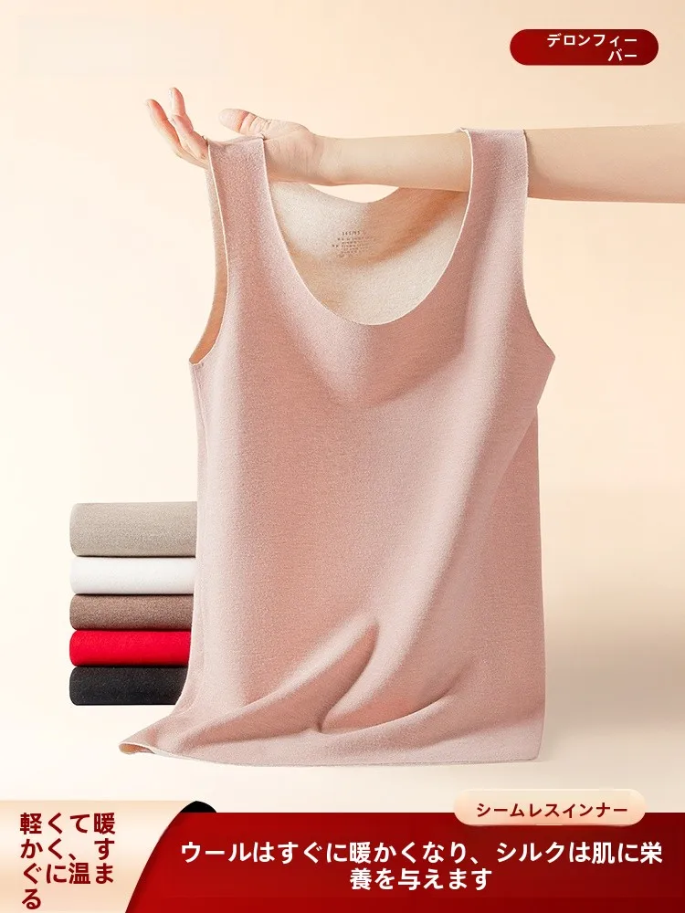 レディース-ウールシルク-厚手フリース裏地付き-暖かいベスト-シームレスインナーキャミソール-秋冬用保温下着