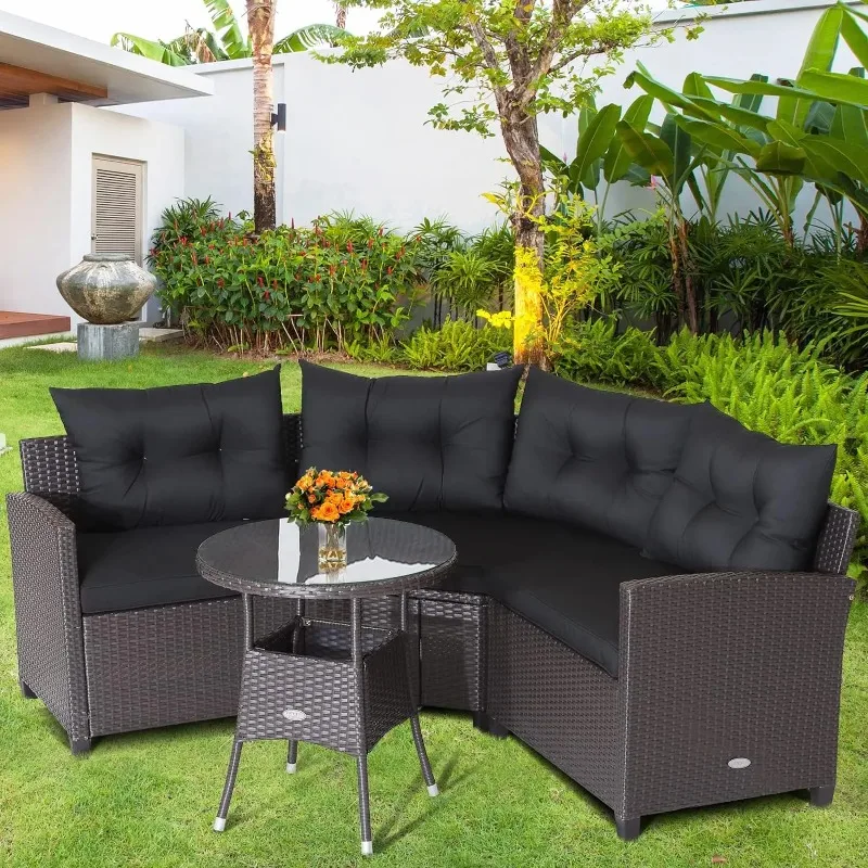 4 Piece Outdoor Sectional Sofa Set, Half-Moon All Weather Heavy Duty Corner Patio Furniture Set with Round Side Table, Cushions