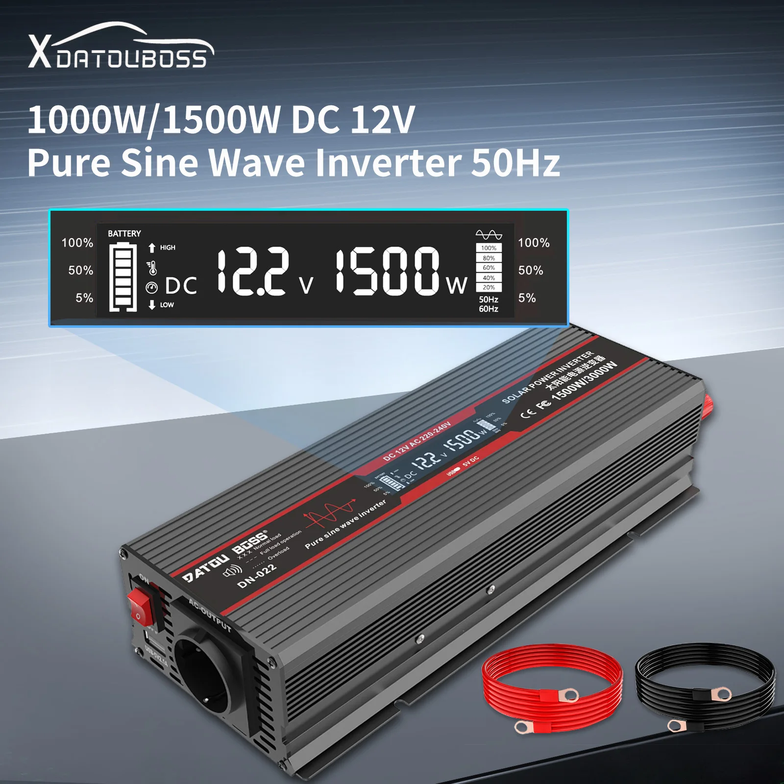 DATOU Inverter 12v to 230v Pure Sine Wave Converter 220v to 12v 1500W 3000W Peak Power LCD Sreen USB Interface Use for Cars