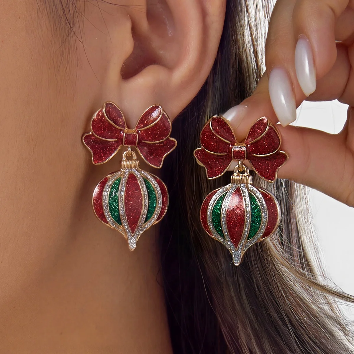 Christmas Glitter Bowknot Ball Drop Earrings For Women Cute New Year Xmas Tree Bow Round Bulb Dangle Earrings Party Jewelry Gift