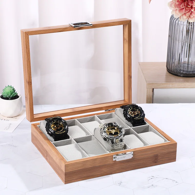 DELESYS Handmade Burlywood Bamboo 3/6/10/12 Watch Storage Box  Large Glass Lid Travel Watch Display  Watch Case Jewelry Gift Box