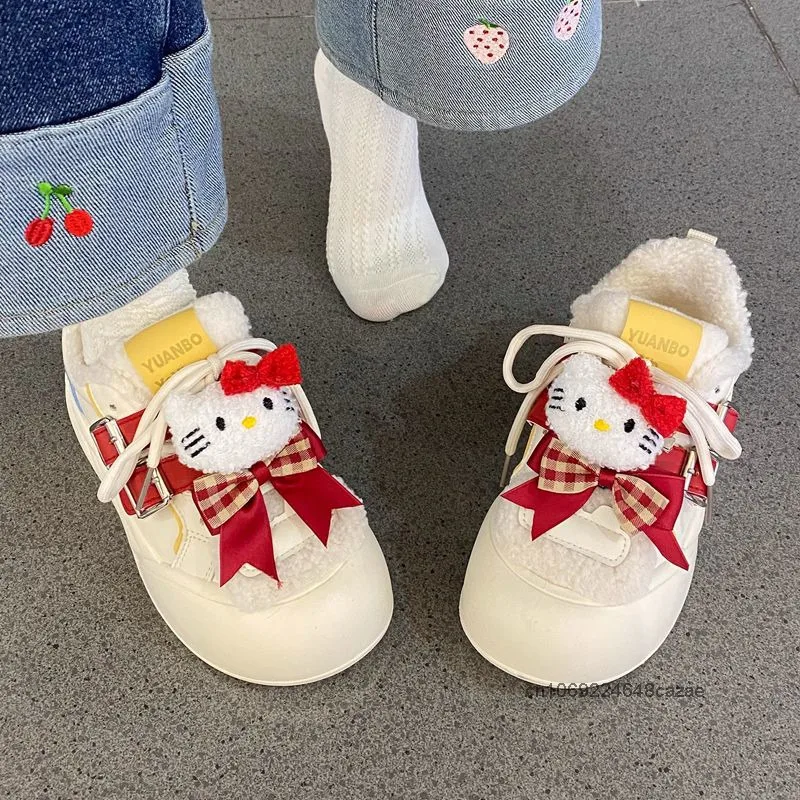 Sanrio Hello Kitty Y2k Soft Girl Cute Bow Board Shoes Women Winter Plush Thick Soled Bread Shoes Versatile Fashion Casual Shoes