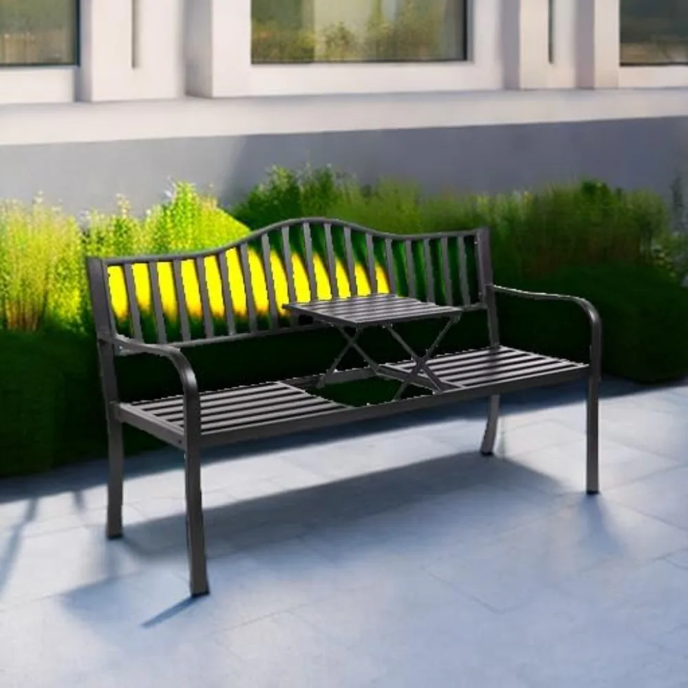 Outdoor Metal Bench Patio Bench with Built in Table Park Bench Garden , Outside Benches Weather Proof Front Porch