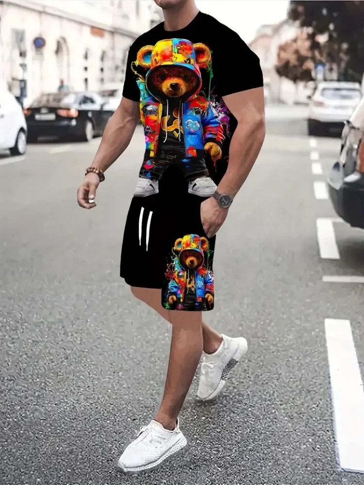 Summer Men Hip Hop Style Printed Men's Crew Neck T-shirt Shorts Set 2025 Fashionable Cartoon Print Street Casual Everything