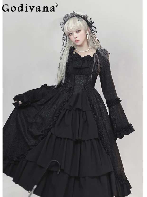 

Lolita Medieval Retro Gothic Court Style Dress Square Neck Waist-Cinching Bow Flared Sleeves Sweet Cool Girl Y2K Dress