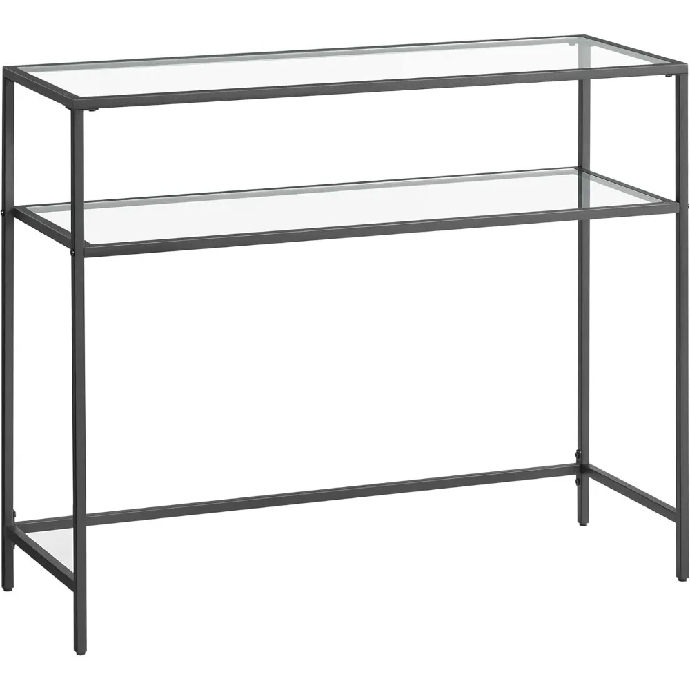 

39.4 Inch Console Sofa Table, Modern Entryway Table, Tempered Glass Table, Metal Frame, 2 Shelves, Adjustable Feet