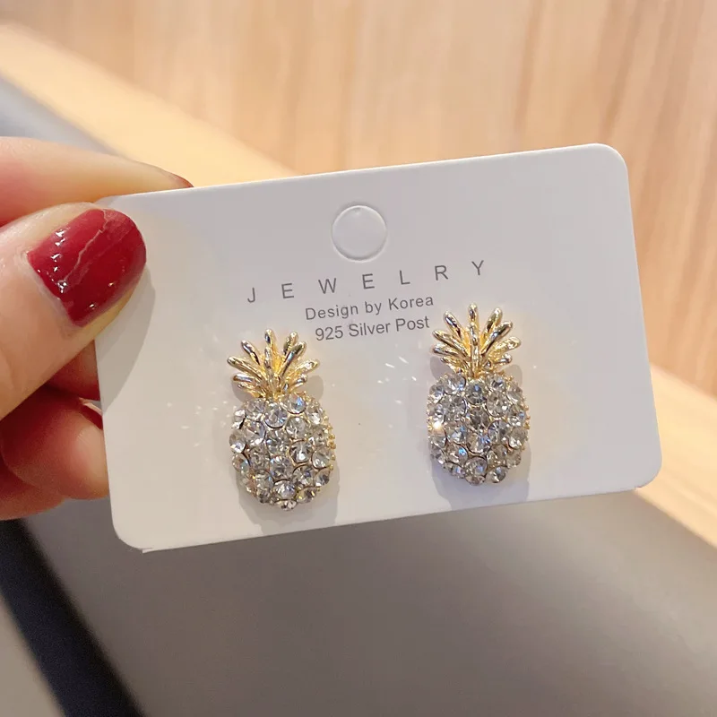 Pendientes de Piña con Incrustaciones Completas de Cristal Blanco y Circonita, Estilo Coreano, Frescos y Modernos, para Mujer