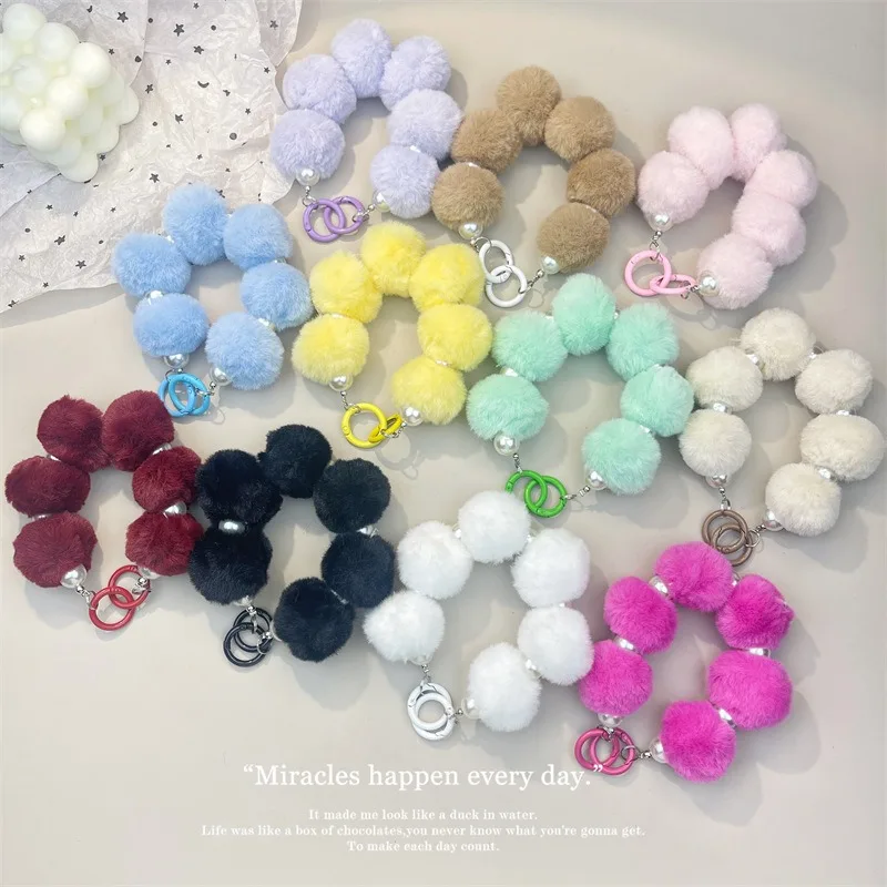 Cellphone Strap Phone Charm Cute Fluffy Ball Lanyard Anti-Lost Bracelet Phone Chain Decoration Wrist Strap Pearl Phone Lanyard