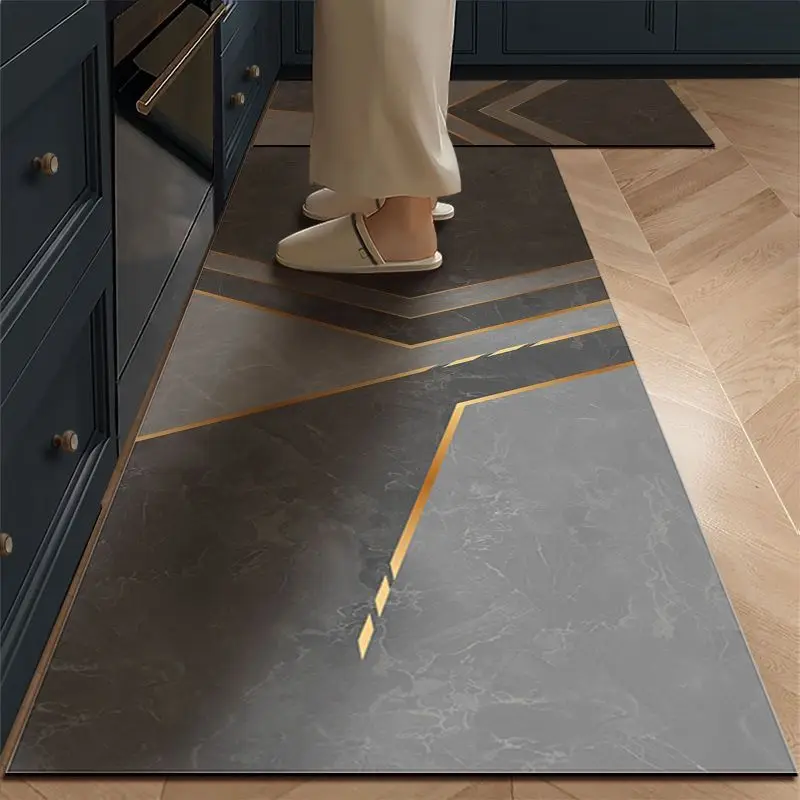 VIKAMA Modern Marble Geometric Kitchen Mat, Dishwasher Safe Non Slip Splash Proof Cushioned Floor Mat for Countertop and Stove