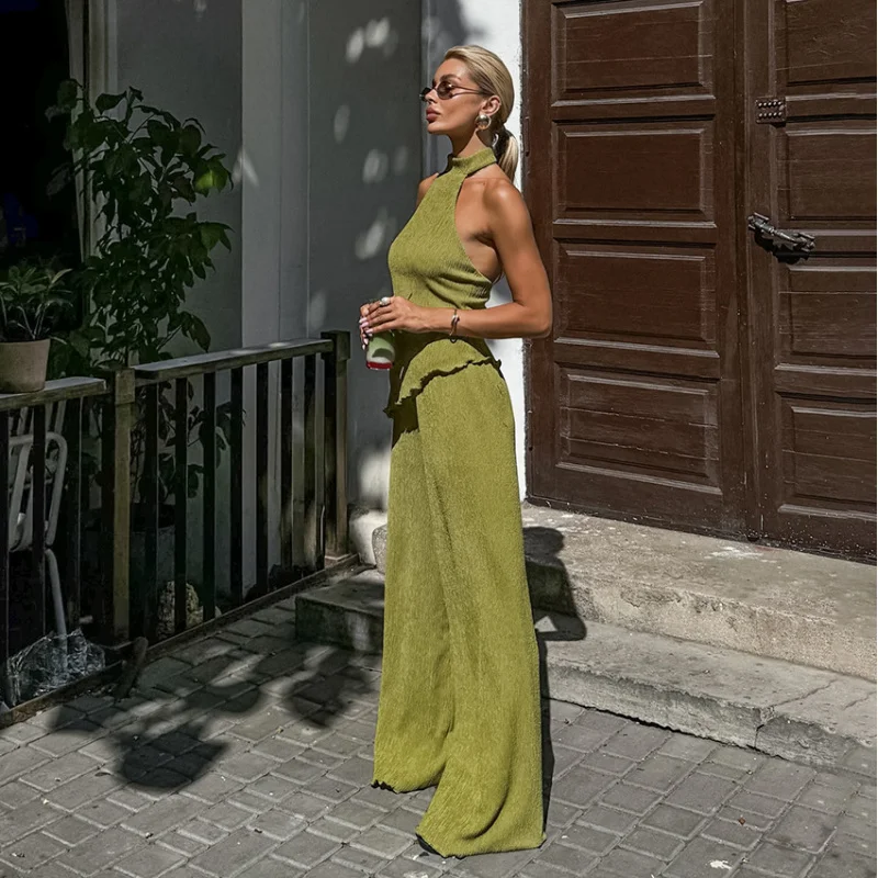 

2025 Spring Summer Design Green Sleeveless Halter Top Wide Leg Pants Set Trendy Outfit Office Wear Women